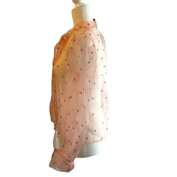 Forever 21 Sheer Pink Puff Sleeve Black Polka Dot Top Blouse Ties at Neck S - Picture 8 of 9